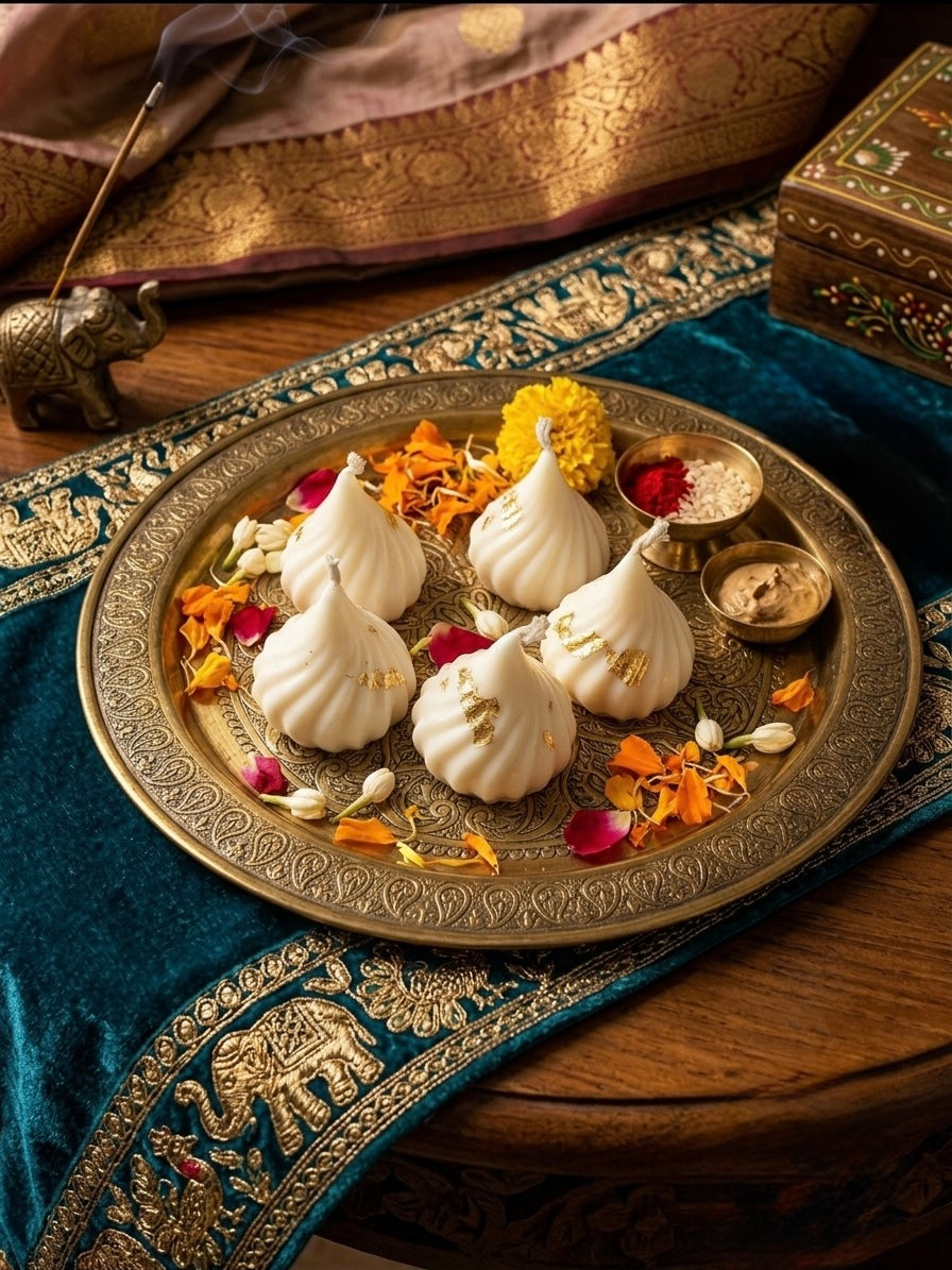 Five white meringue-like sweets decorated with gold leaf, arranged on an ornate round brass plate with flower petals and small dipping bowls, set on a teal embroidered fabric runner over a wooden table.