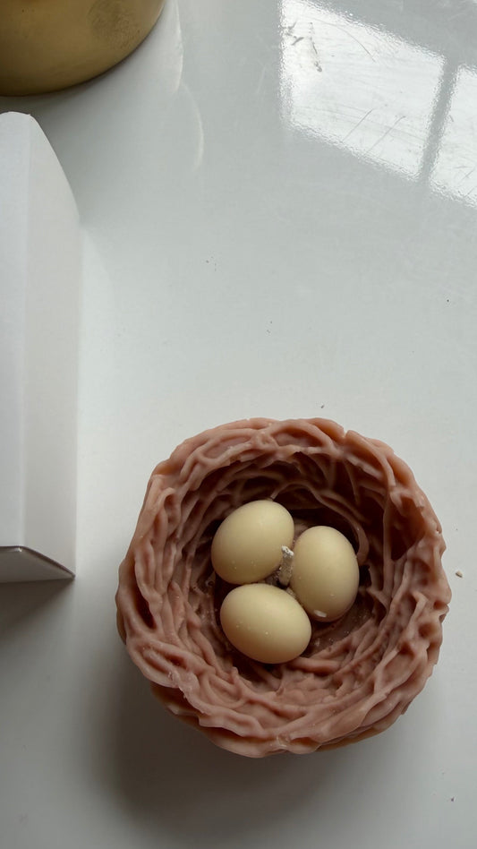 Small woven nest with three eggs on a white surface