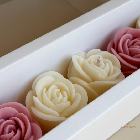 Rose-shaped candles in a white box with 'Lavanore' branding. Rose Mini Gift Box sculptural rose soy wax candle set of six for luxury gifting