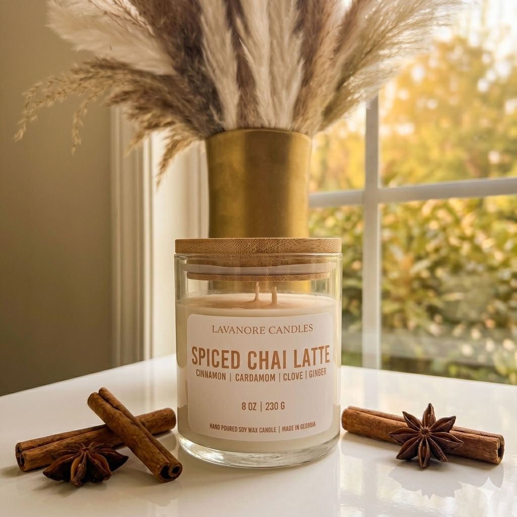 Lavanore Candles Spiced Chai Latte candle with cinnamon sticks and star anise on a windowsill.