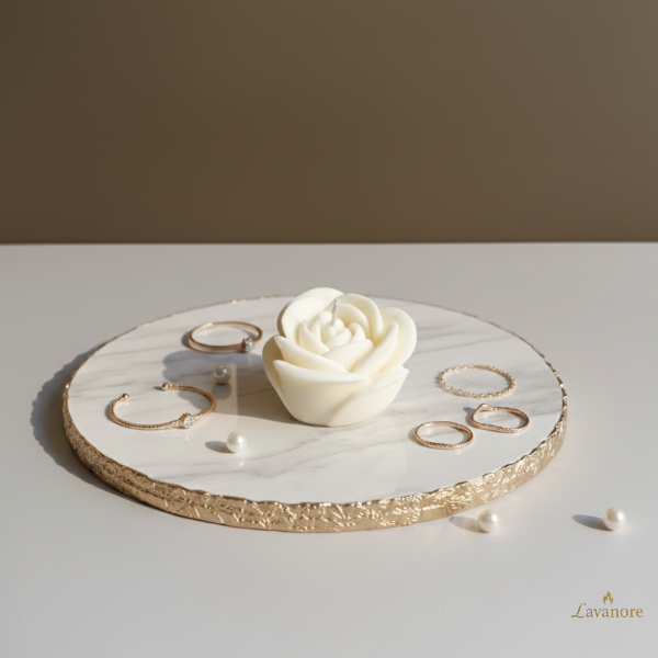 White rose-shaped candle on a circular marble tray with gold accents, set against a neutral background. Rose Gift Box sculptural rose soy wax candle set of four for luxury gifting