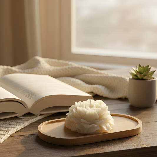 Wooden tray with a white flower candle, open book, and small plant on a wooden surface. Peony Bloom Grandé sculptural peony soy wax candle for luxury home décor and gifting