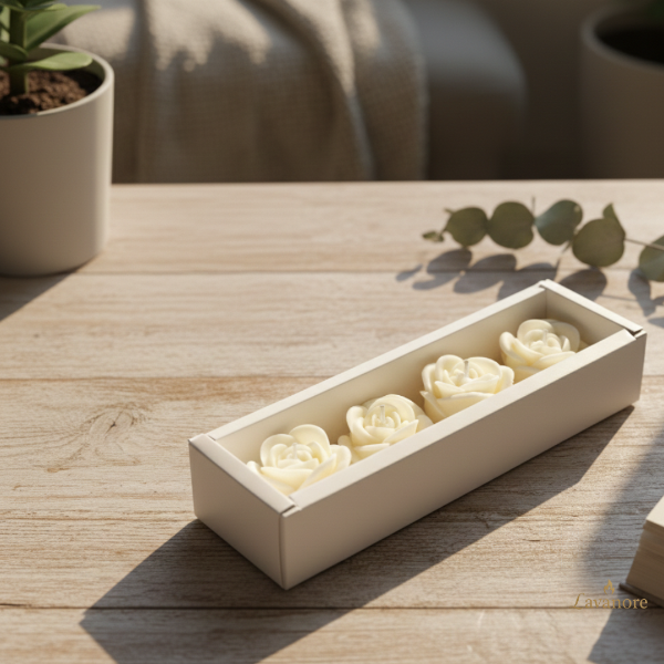 Rectangular box with white rose-shaped objects on a wooden surface Rose Gift Box sculptural rose soy wax candle set of four for luxury gifting
